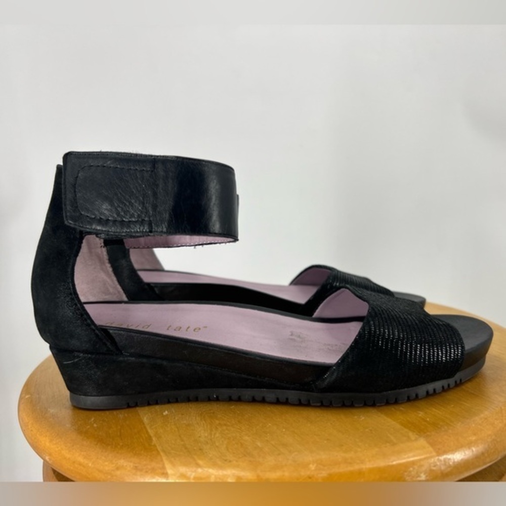 David Tate ankle black ankle wrap open toe wedge, sandal 8